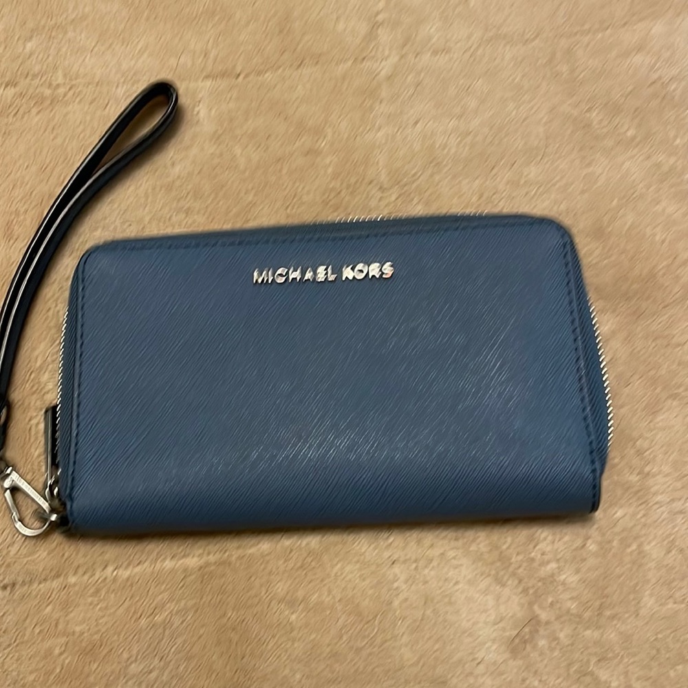 MICHAEL Michael Kors Blue Zip-Around Wristlet Wallet with Gold Hardware